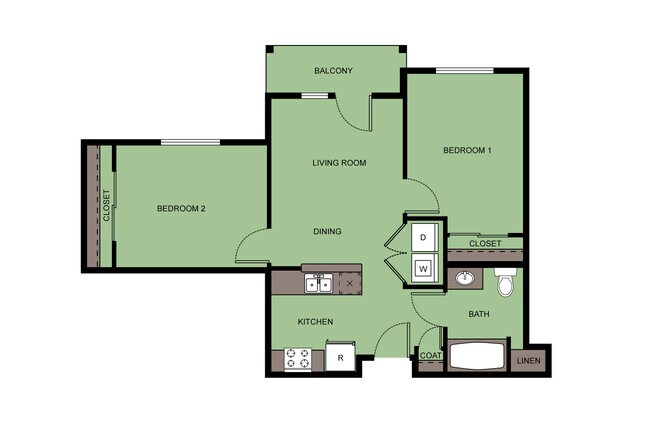 2 Bed 1 Bath  B2 103 floor plan